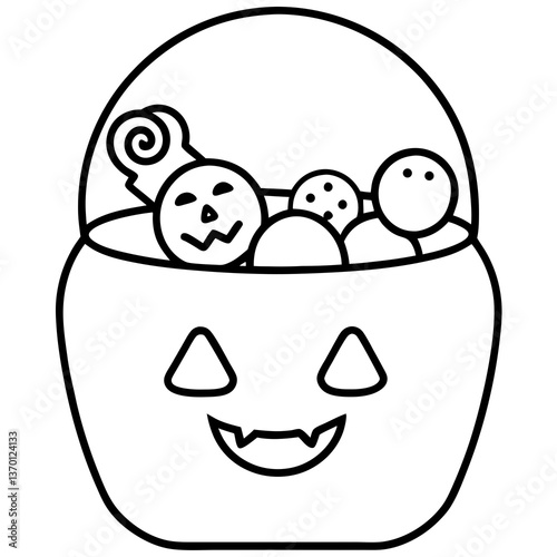 Candy bucket filled with halloween treats line art vector illustration 