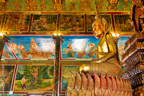 The golden interiors of the Wat Phnom Temple in Phnom Penh, Cambodia