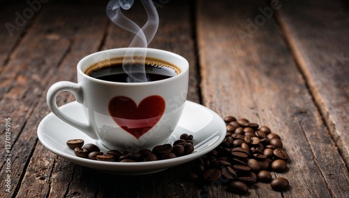 A steaming cup of fresh coffee on a wooden table in the morning