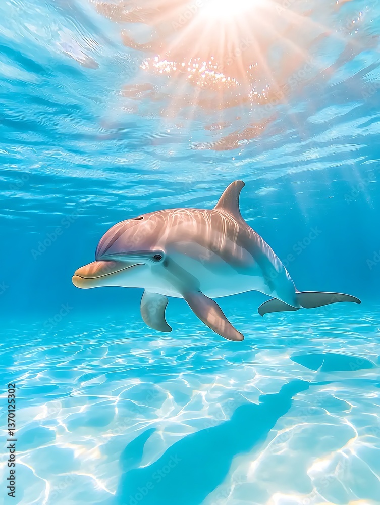 Obraz premium Dolphin swimming ocean sunlight.