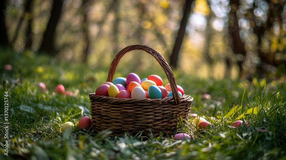 Colorful Easter eggs in a woven basket on a vibrant green grass background. Colorful Easter eggs in a woven basket on a vibrant green grass background.
