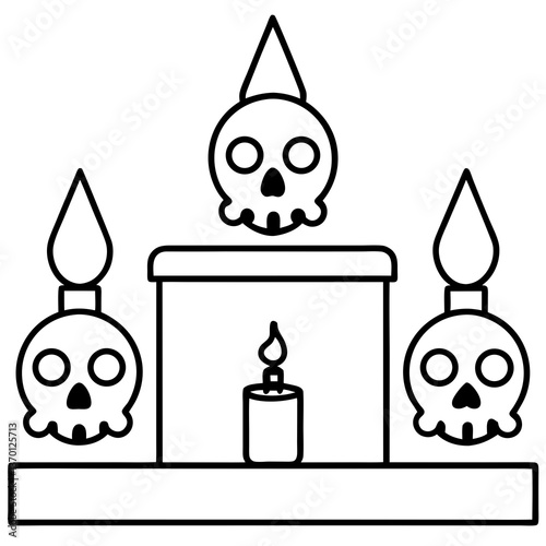 Day of the dead altar with candles and skulls line art vector illustration
