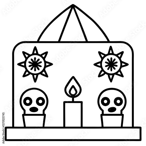 Day of the dead altar with candles and skulls line art vector illustration