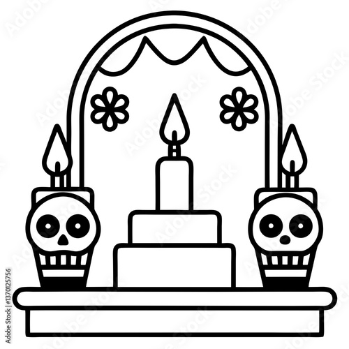Day of the dead altar with candles and skulls line art vector illustration
