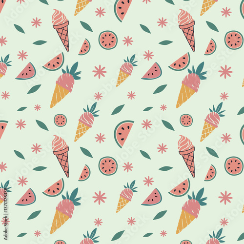A seamless pattern of geometric-styled ice creams and tropical drinks, painted with soft yet bold watercolor textures in vibrant pinks, juicy oranges, and refreshing minty greens.