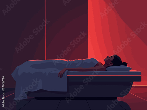 customer laying in a a red light therapy bed in a dark room