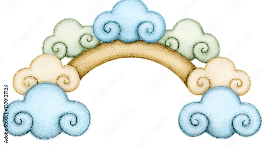 Fototapeta premium Whimsical Rainbow Surrounded by Soft Clouds in Shades of Blue and Green