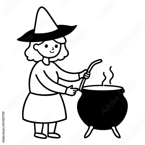 Little witch stirring a cauldron line art vector illustration 