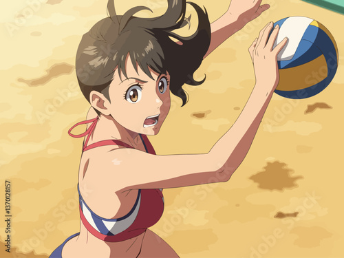 manga anime girl bikini saving a ball on a beach volleyball competition