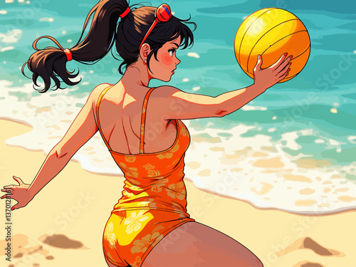 manga anime girl bikini saving a ball on a beach volleyball competition