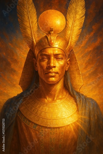 An ultra-detailed close-up of Amon-Ra, god of the sun and sky, with luminous golden skin and a sun disk headdress crowned by ostrich feathers. His expression reflects divine wisdom and solar might. Th