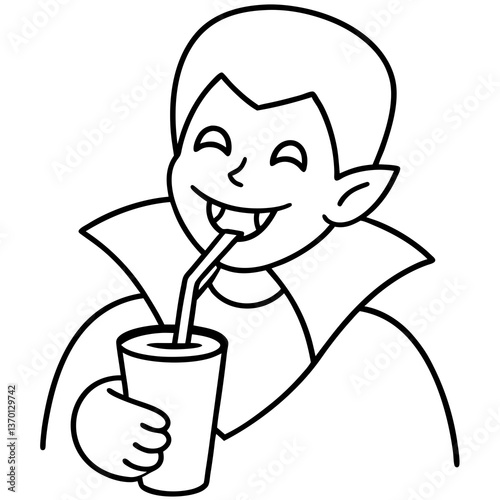 Smiling vampire drinking juice instead of blood line art vector illustration 