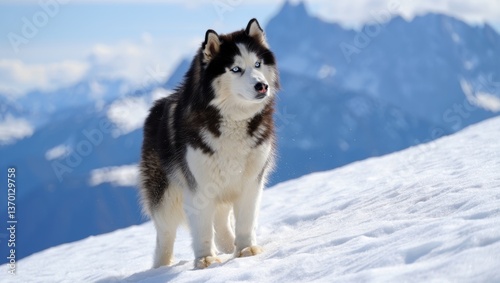 Noble Siberian husky with piercing blue eyes standing on snow slope. Dramatic mountain backdrop with deep blue sky and steep snow-covered peaks in distance.