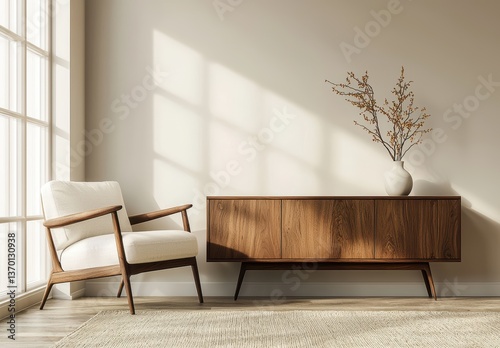A serene interior scene featuring a minimalist armchair, a wooden sideboard, and decorative branches, illuminated by soft sunlight through large windows.