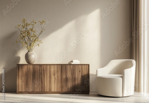 A minimalist interior featuring a wooden cabinet, a circular white chair, and a vase with flowers, illuminated by soft sunlight.