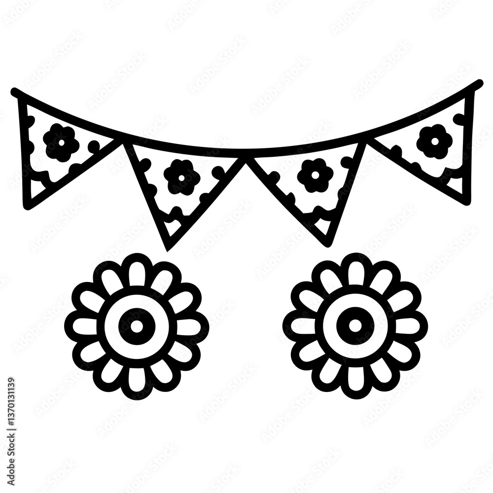 Ταπετσαρία Traditional Mexican papal picado decorations line art vector illustration