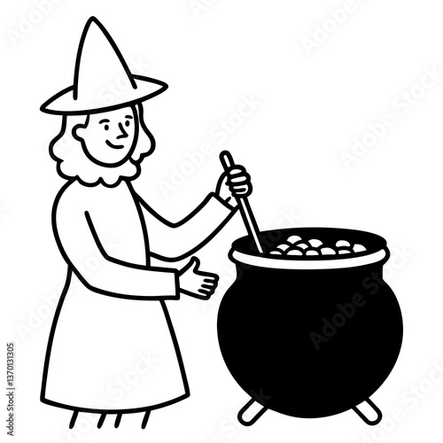 Witch stirring a cauldron with candy inside line art vector illustration