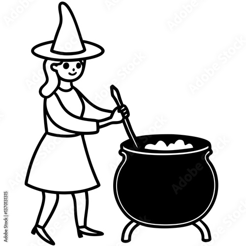 Witch stirring a cauldron with candy inside line art vector illustration