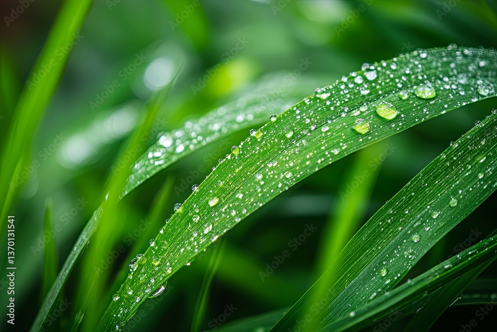 Dew Drops Are Resting on Bright Green Blades of Grass Dew Drops Are Resting on Bright Green Blades of Grass