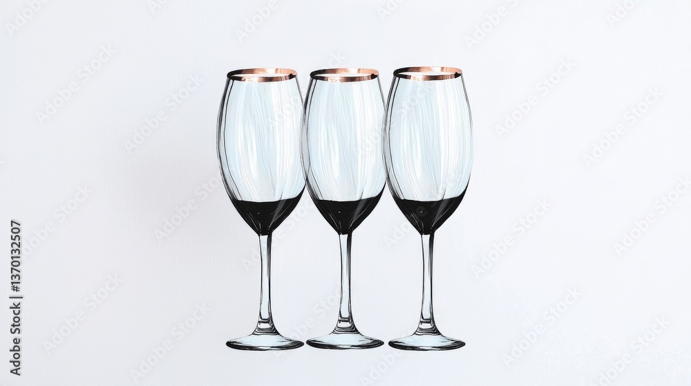 Fototapeta premium Elegant Trio of Champagne Glasses with Copper Rims on Minimalist White Background
