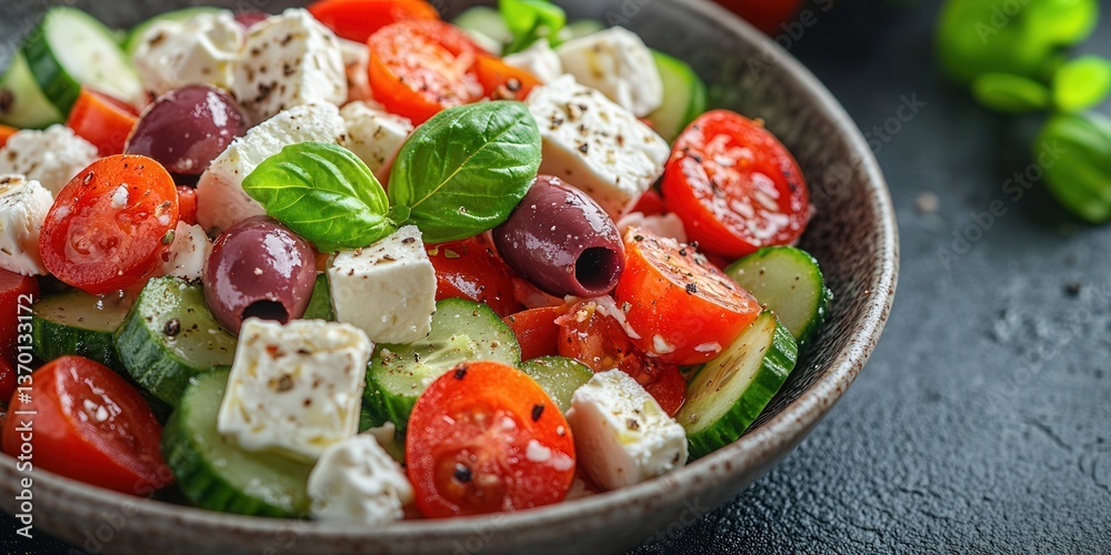 A vibrant Mediterranean salad with fresh vegetables and feta cheese served in a rustic bowl. A vibrant Mediterranean salad with fresh vegetables and feta cheese served in a rustic bowl.