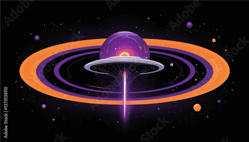 A vibrant vector illustration of a swirling purple nebula, dotted with glowing orange stars, cradling a sleek silver UFO hovering at its core