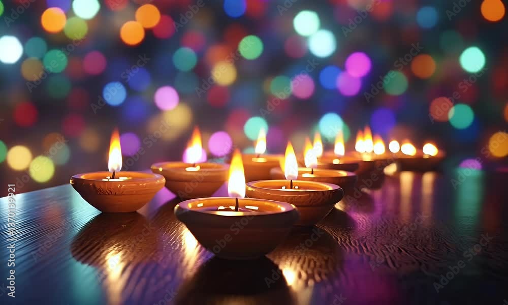 Row of lit clay lamps with bokeh background. Warm lighting, holiday celebration with rustic elements and a dark wooden surface