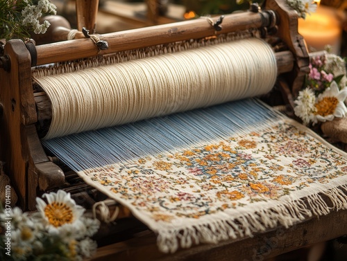Intricately woven tapestry on a traditional wooden loom surrounded by flowers.