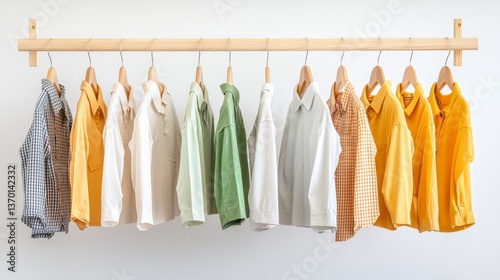 Hanging shirts in various colors on a wooden rack.
