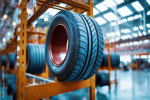 A tire resting on a metal rack, showcased in a brightly lit, spacious warehouse filled with tires, emphasizing industry and commerce.