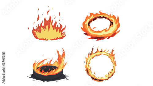 A burning hoop of fire glowing in a very dark environment, creating an intense and dramatic visual contrast. The fiery ring is illuminated against the blackness, symbolizing energy, power, and danger 