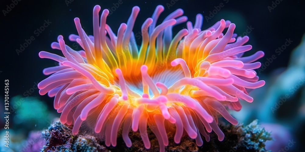 Fototapeta premium Vibrant underwater coral emitting neon hues against a dark background.