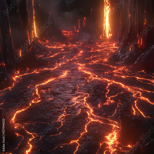 Hyper-realistic wide shot of an active volcano’s surface, where molten lava flows into dark, black water, generating an intense visual contrast. Created with Unreal Engine