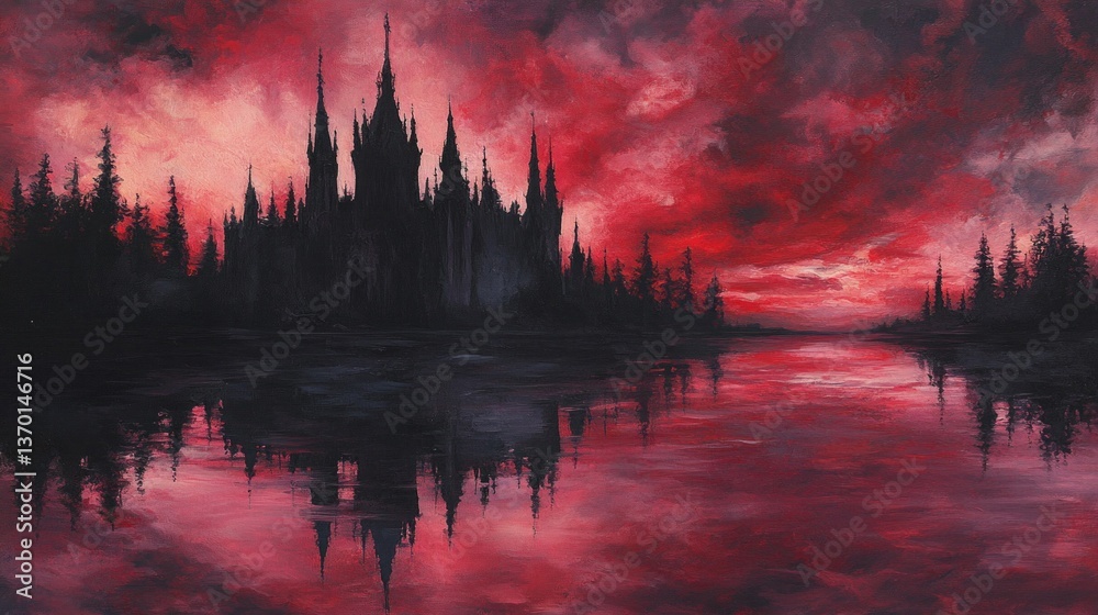 Obraz premium Silhouette Castle at Red Sunset Over Dark Lake
