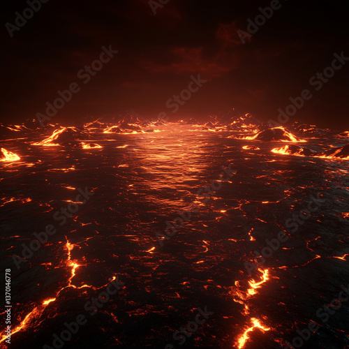 Hyper-realistic wide shot of an active volcano’s surface, where molten lava flows into dark, black water, generating an intense visual contrast. Created with Unreal Engine