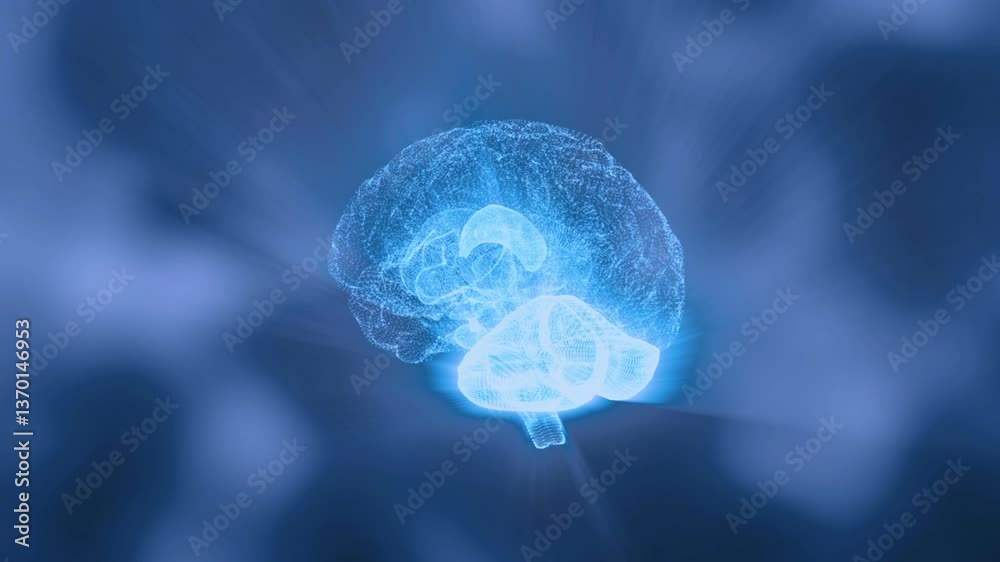 3d rendered illustration of a human brain rotating on a blue background, with well lit areas of the brain, subconscious mind and health concept.