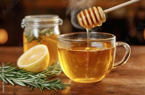 Preparing herbal tea with honey and lemon cozy kitchen food photography warm atmosphere close-up wellness concept
