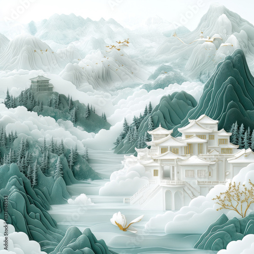 A traditional Chinese landscape featuring mountains, pagodas, and cranes
