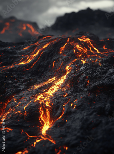 Hyper-realistic wide shot of an active volcano’s surface, where molten lava flows into dark, black water, generating an intense visual contrast. Created with Unreal Engine and rendered in Octane