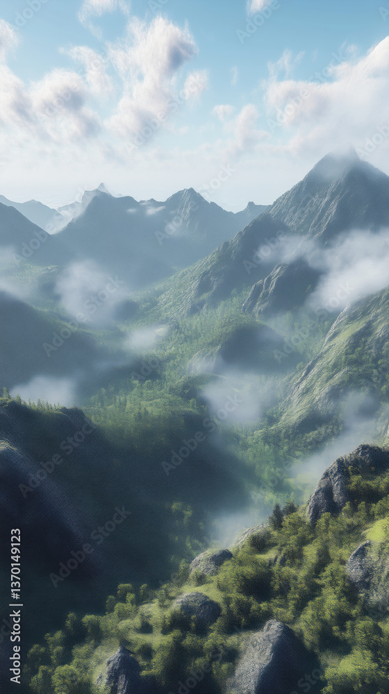 Mountainous Landscape with Fog and Forest Mountainous Landscape with Fog and Forest