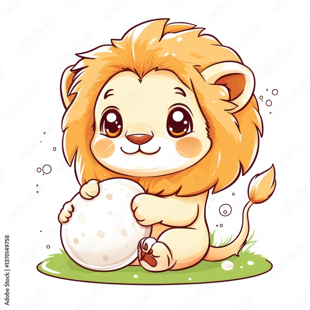 Obraz premium Cute lion cub holding a moon-shaped object, sitting on grass
