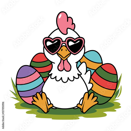 Cool Chicken with Easter Eggs Illustration