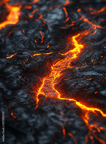 Hyper-realistic wide shot of an active volcano’s surface, where molten lava flows into dark, black water, generating an intense visual contrast. Created with Unreal Engine and rendered in Octane