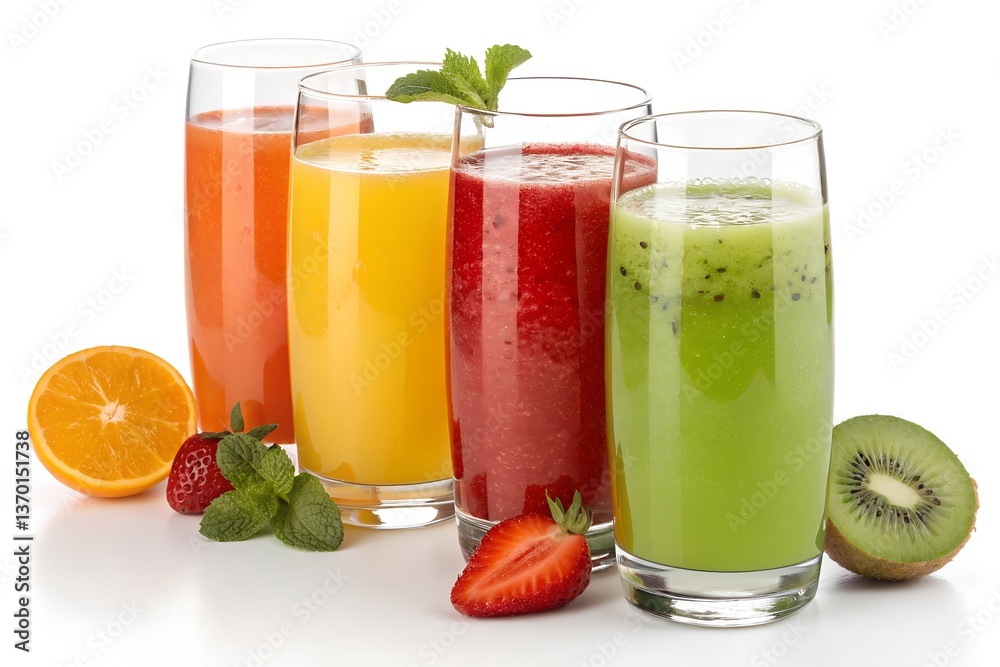 Refreshing fruit smoothies in tall glasses, a vibrant blend of orange, strawberry, and kiwi, perfect for a healthy and delicious summer treat. Refreshing fruit smoothies in tall glasses, a vibrant blend of orange, strawberry, and kiwi, perfect for a healthy and delicious summer treat.