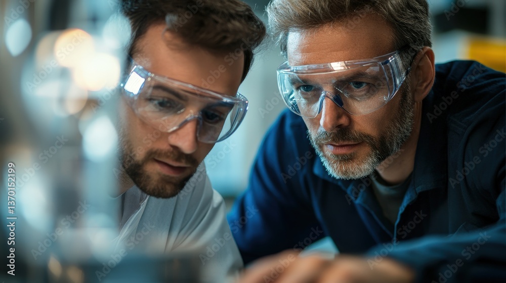 Fototapeta premium Focused gaze on intricate glasswork. A man in blue, shielded by goggles, examines the detail with precision
