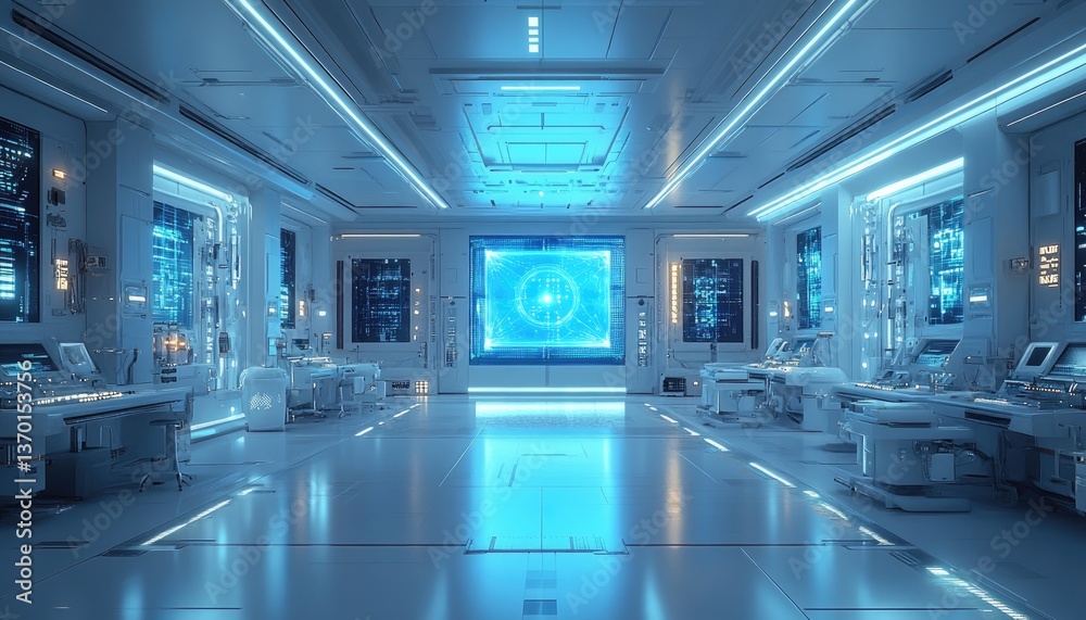 Futuristic control center with computers and technological displays everywhere