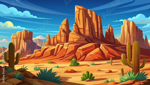 Desert Cliffs with scattered cacti and a clear blue sky, Highly detailed vector illustration
