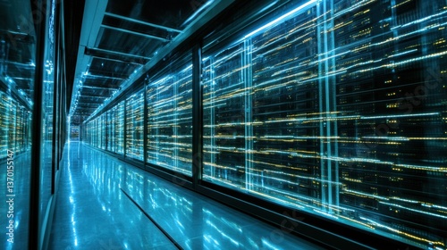 Blue Lit Server Room Corridor Interior
