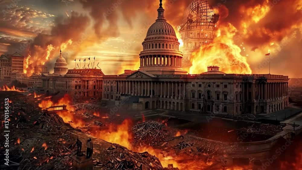 A dramatic depiction of a city under siege at sunset with flames engulfing the Capitol building and chaos in the streets