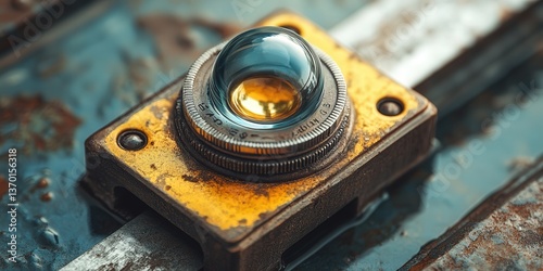 An industrial spirit level with a glass dome on a weathered metal surface.
